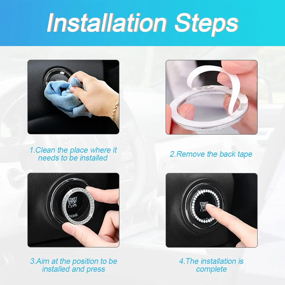 AUKEPO 2PCS Car Start Button Ring Stickers, Set Black | Bling Crystal Rhinestone Ignition Knob Trim - view 4