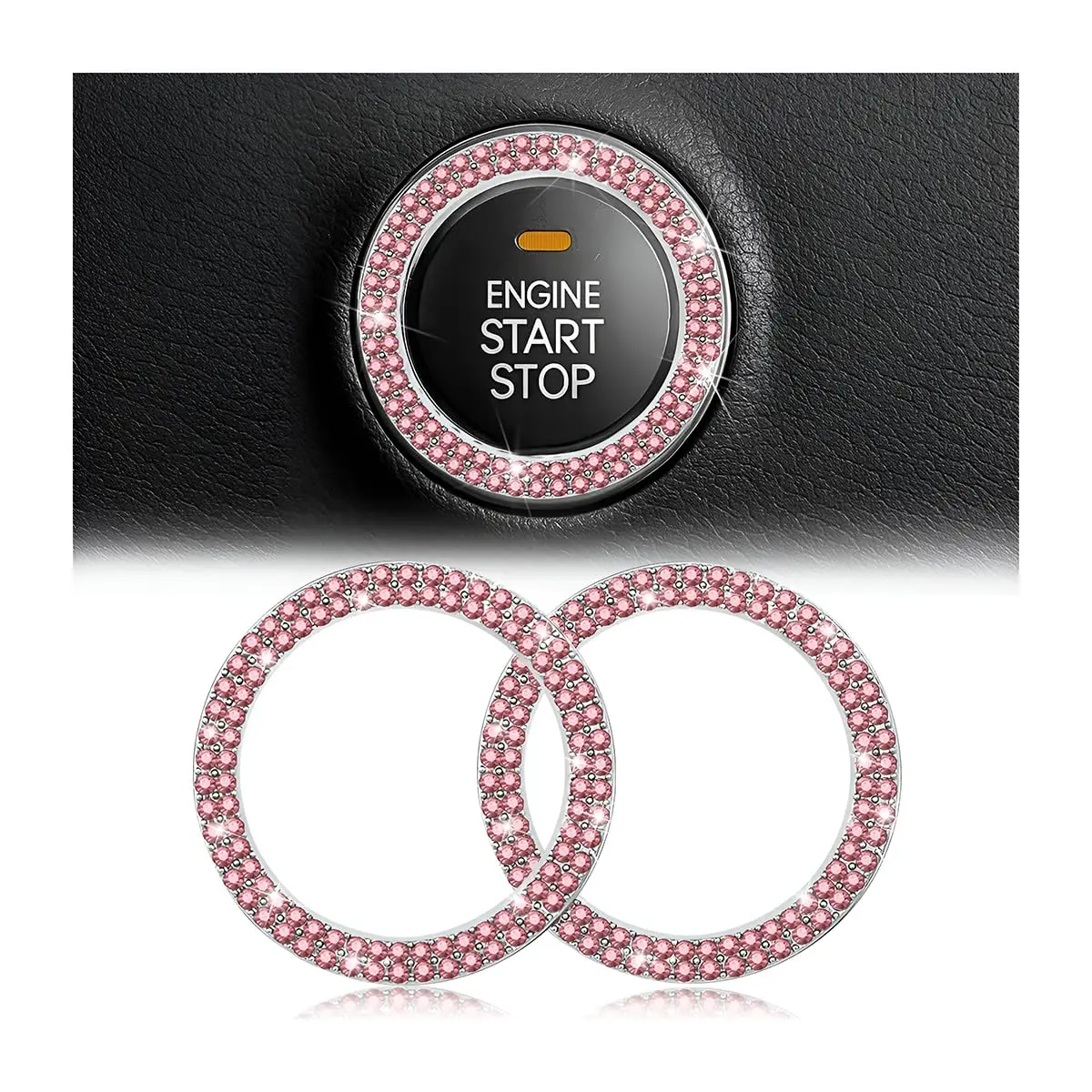 AUKEPO Double Pink 2PCS Car Start Button Ring Stickers | Bling Crystal Rhinestone Ignition Knob Trim - main product image