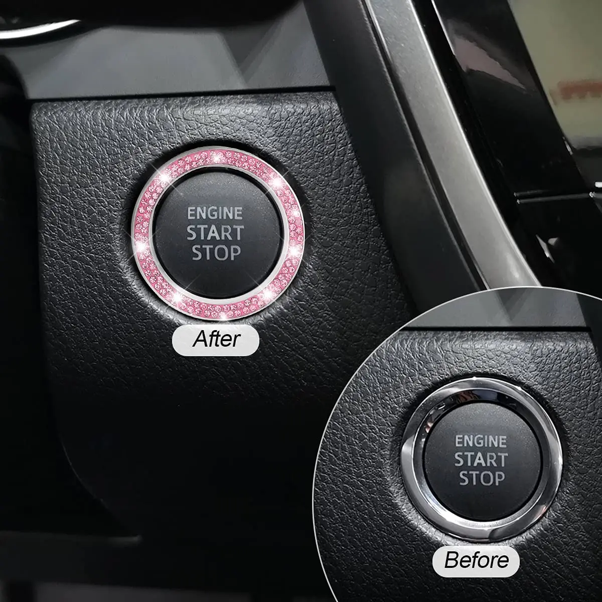 AUKEPO Double Pink 2PCS Car Start Button Ring Stickers | Bling Crystal Rhinestone Ignition Knob Trim - view 5
