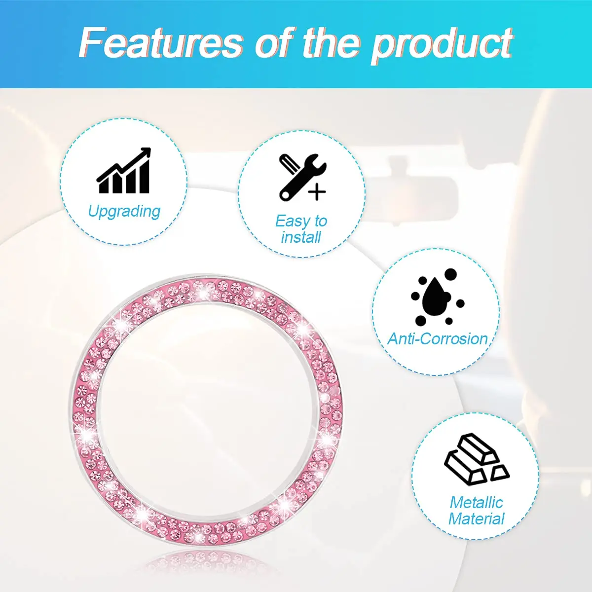 AUKEPO Double Pink 2PCS Car Start Button Ring Stickers | Bling Crystal Rhinestone Ignition Knob Trim - view 3