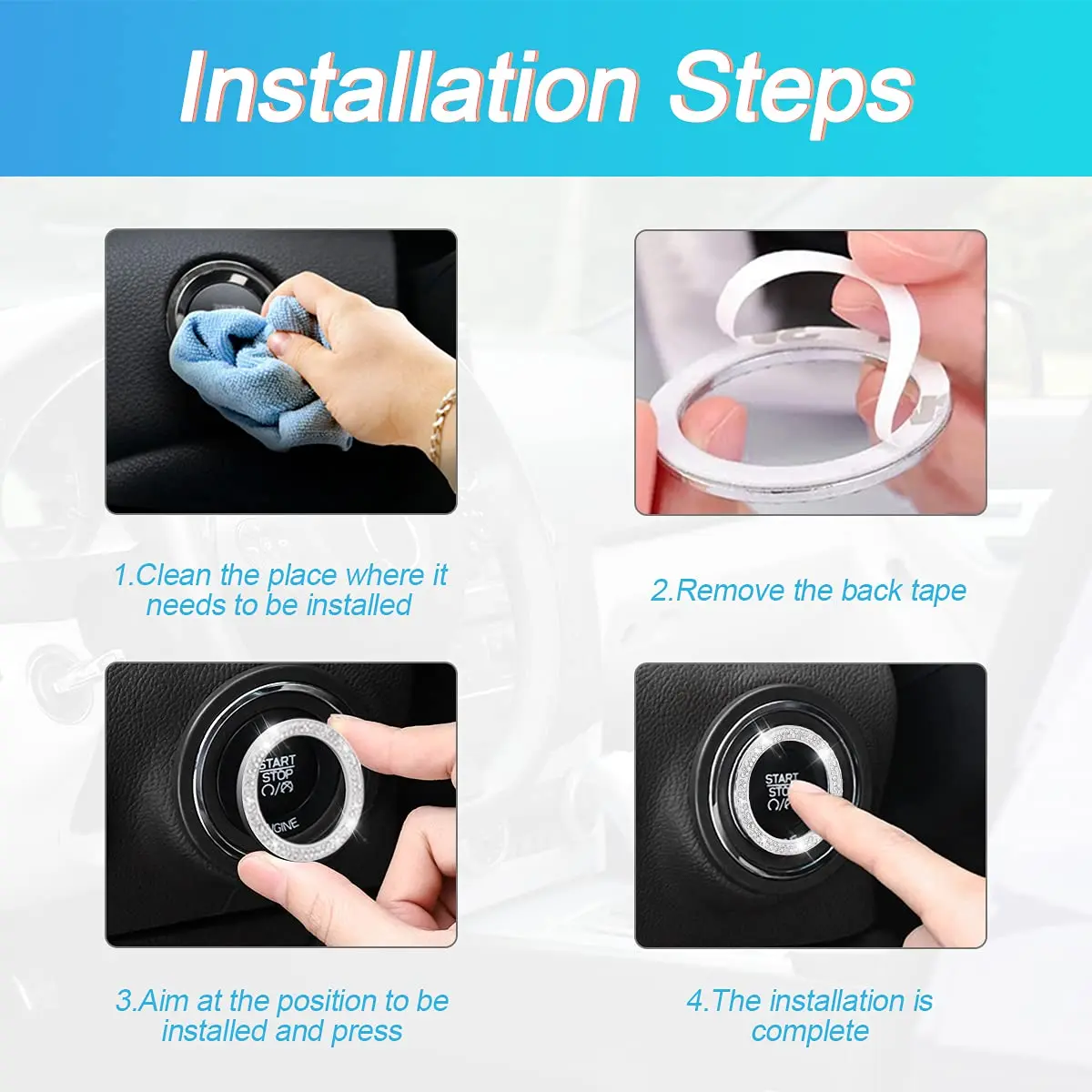 AUKEPO Double Pink 2PCS Car Start Button Ring Stickers | Bling Crystal Rhinestone Ignition Knob Trim - view 4