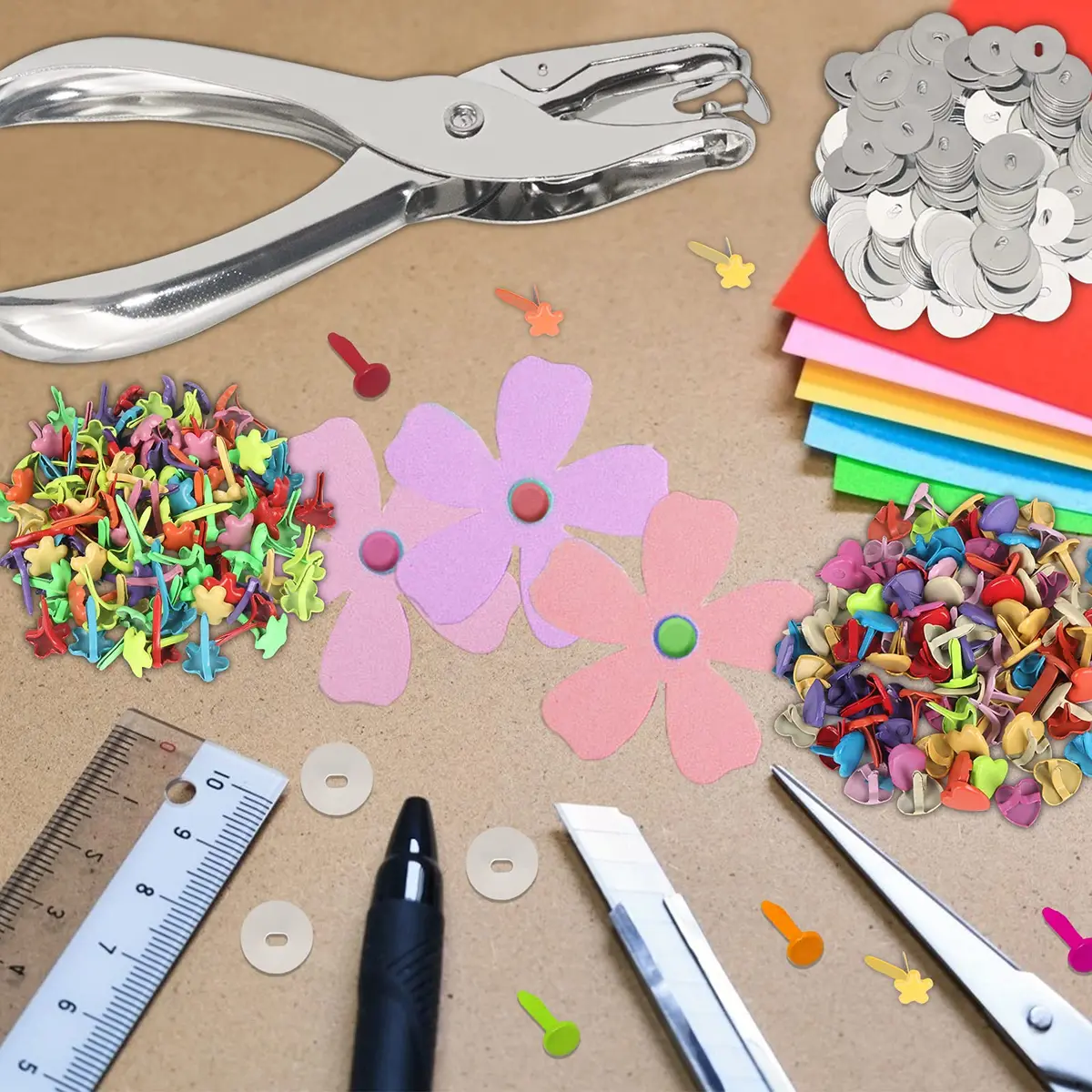 Runloon 400 Pcs Mini Brad Paper Fastener Multicolor Metal Brads with Washers & Hole Punch | Craft & Scrapbooking Supplies - view 4
