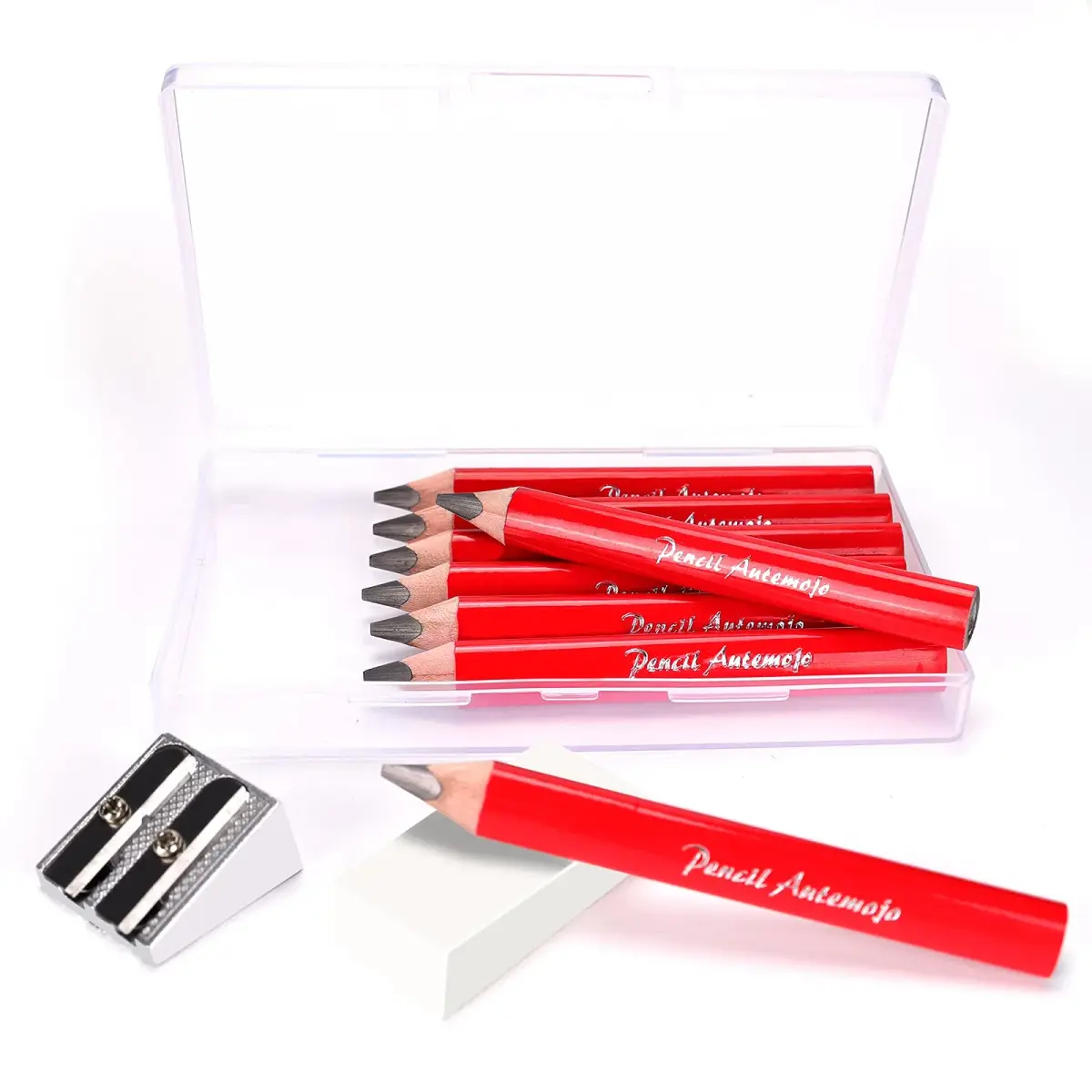 AUTEMOJO Triangular Thick Pencils 9mm (0.4 inch) | 8-Pack Red Pencils with Sharpener & Eraser - main product image