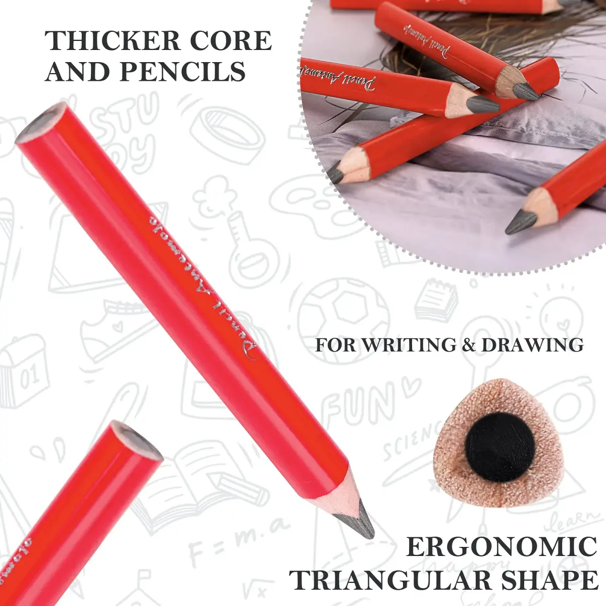 AUTEMOJO Triangular Thick Pencils 9mm (0.4 inch) | 8-Pack Red Pencils with Sharpener & Eraser - view 3