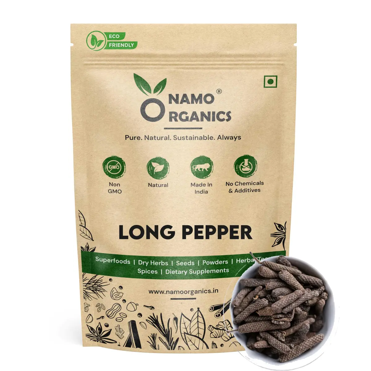 Namo Organics Whole Long Pepper 100 g (3.53 oz) | Authentic Indian Pippali Spice - main product image
