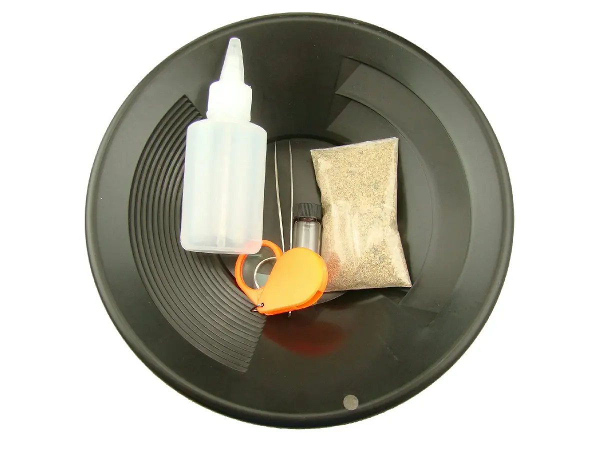 Make Your Own Gold Bars Panning Kit 10" Double Riffle Green Gold Pan, Paydirt, Snuffer, Tweezers & Loupe | Support Indian Gold Prospecting - main product image