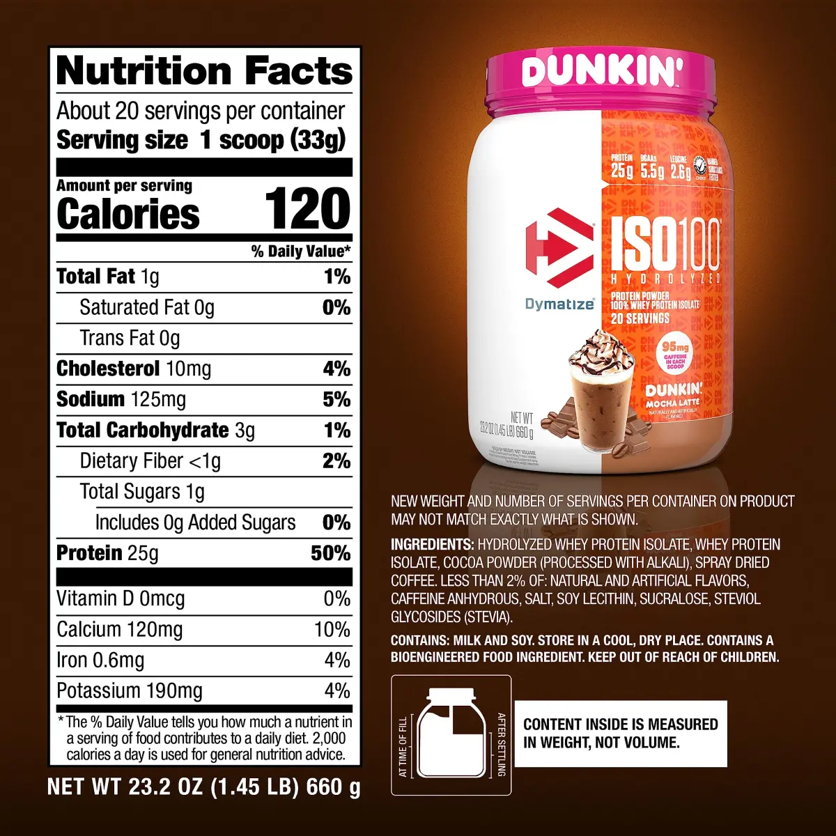Dymatize ISO100 Protein Powder Mocha Latte 1.34 lb (612 g) | 25g Protein, 5.5g BCAAs, 95mg Caffeine - view 5
