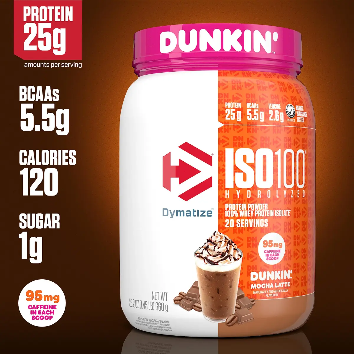 Dymatize ISO100 Protein Powder Mocha Latte 1.34 lb (612 g) | 25g Protein, 5.5g BCAAs, 95mg Caffeine - view 3