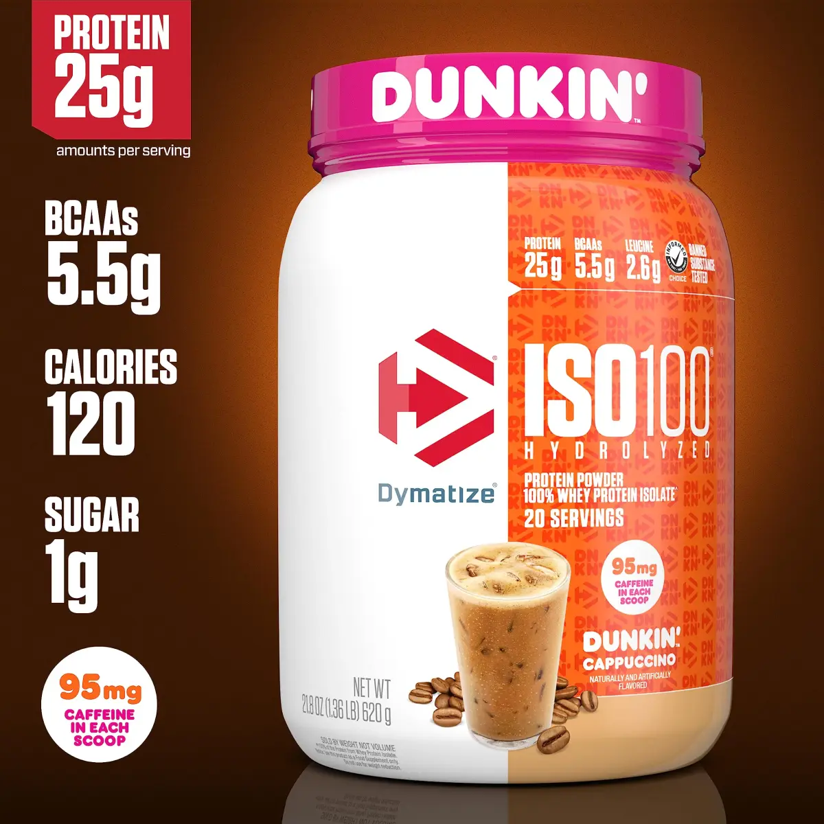 Dymatize ISO100 Protein Powder +Energy Cappuccino 609g (1.34 lb) | 25g Protein, 95mg Caffeine - view 3