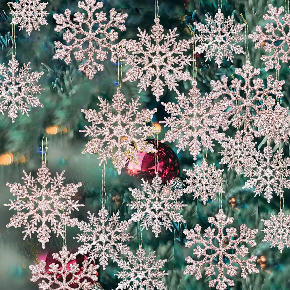 GuassLee 36 Pack Plastic Rose Gold Snowflake Ornaments | Winter Decorations for Christmas & Holiday Season - main product image