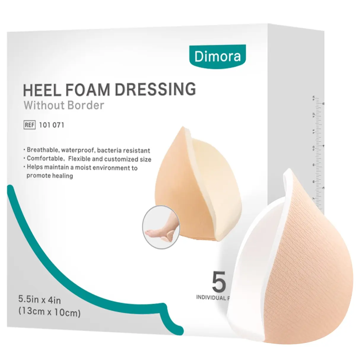 Dimora Heel Foam Dressing, Non-Adhesive Hydrophilic Pads 5.5x4 in Pack of 5 Waterproof for Wound Care - main product image