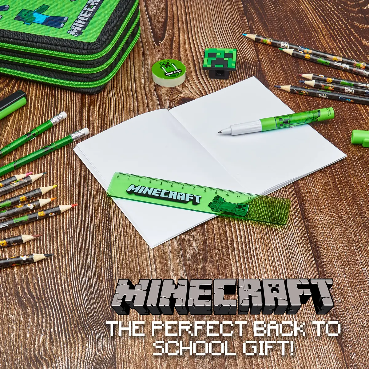 Minecraft Kids Pencil Case Stationery Set with Notebook, Colored Pencils, Pens, Ruler, Eraser, Sharpener & More | Green Mob - view 4