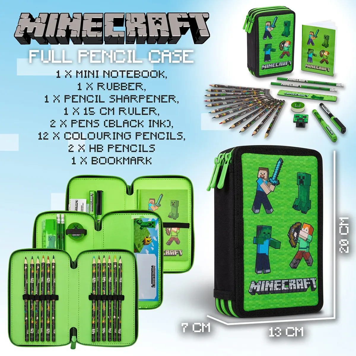 Minecraft Kids Pencil Case Stationery Set with Notebook, Colored Pencils, Pens, Ruler, Eraser, Sharpener & More | Green Mob - view 6
