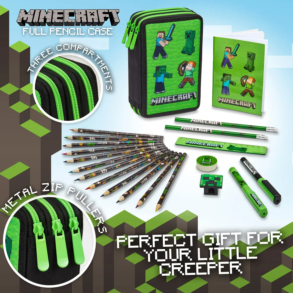 Minecraft Kids Pencil Case Stationery Set with Notebook, Colored Pencils, Pens, Ruler, Eraser, Sharpener & More | Green Mob - view 2