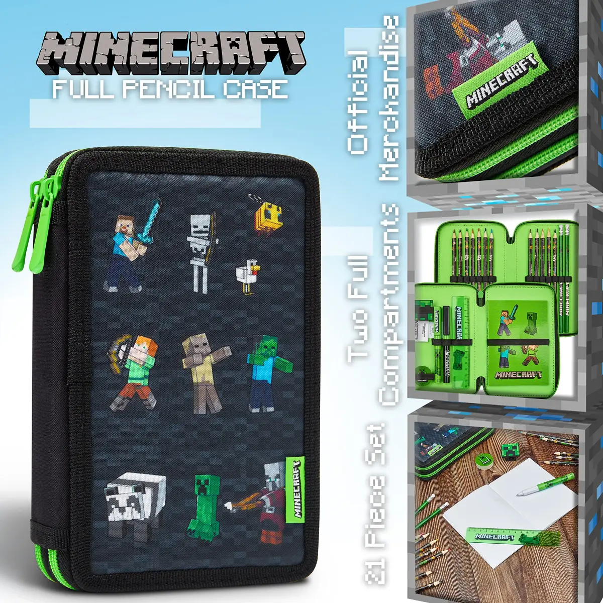 Minecraft Kids Pencil Case Stationery Pens Colored Pencils Notebook School Supplies Gamer Gifts for Boys (Black) | 2 Compartment Zippered Organizer - view 3
