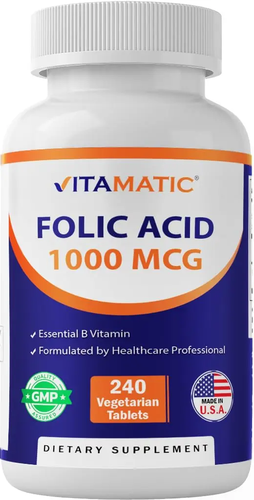 Vitamatic Folic Acid 1000 mcg (1 mg) | Supports Cell Growth & DNA Synthesis - main product image