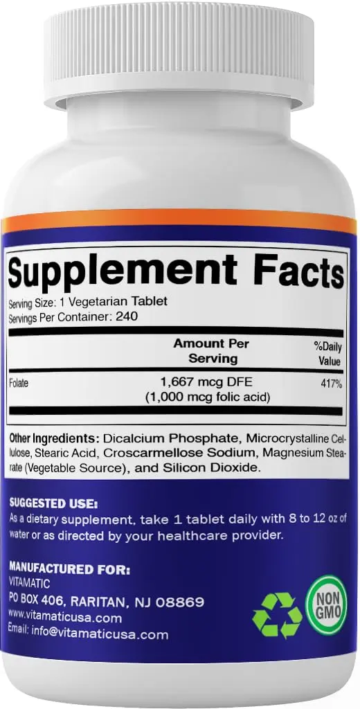 Vitamatic Folic Acid 1000 mcg (1 mg) | Supports Cell Growth & DNA Synthesis - view 8