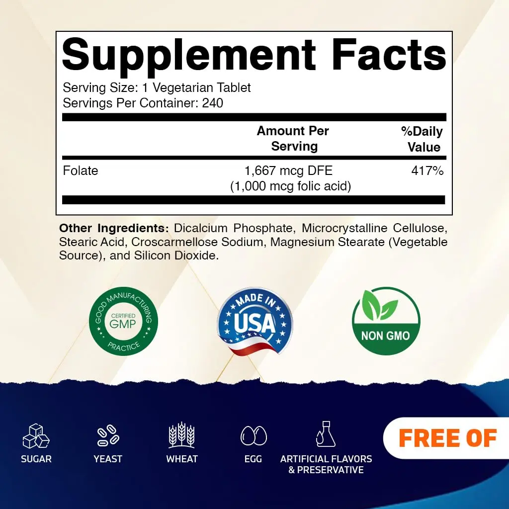 Vitamatic Folic Acid 1000 mcg (1 mg) | Supports Cell Growth & DNA Synthesis - view 2