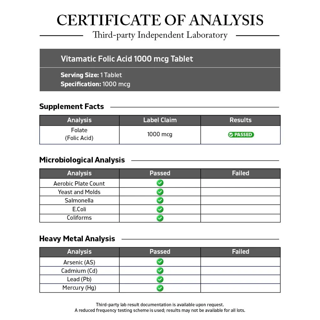 Vitamatic Folic Acid 1000 mcg (1 mg) | Supports Cell Growth & DNA Synthesis - view 3