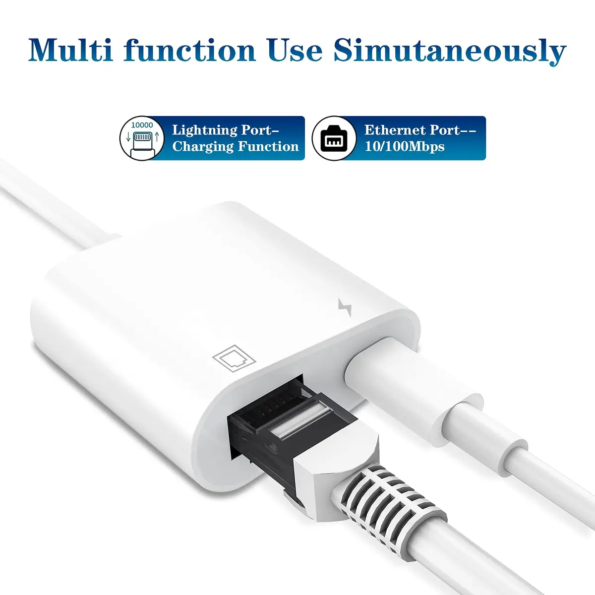 DESOFICON Lightning to Ethernet Adapter 2 in 1 | Fast Ethernet & Charge Port for iPhone/iPad (0.5kg, 9.7in) - view 2