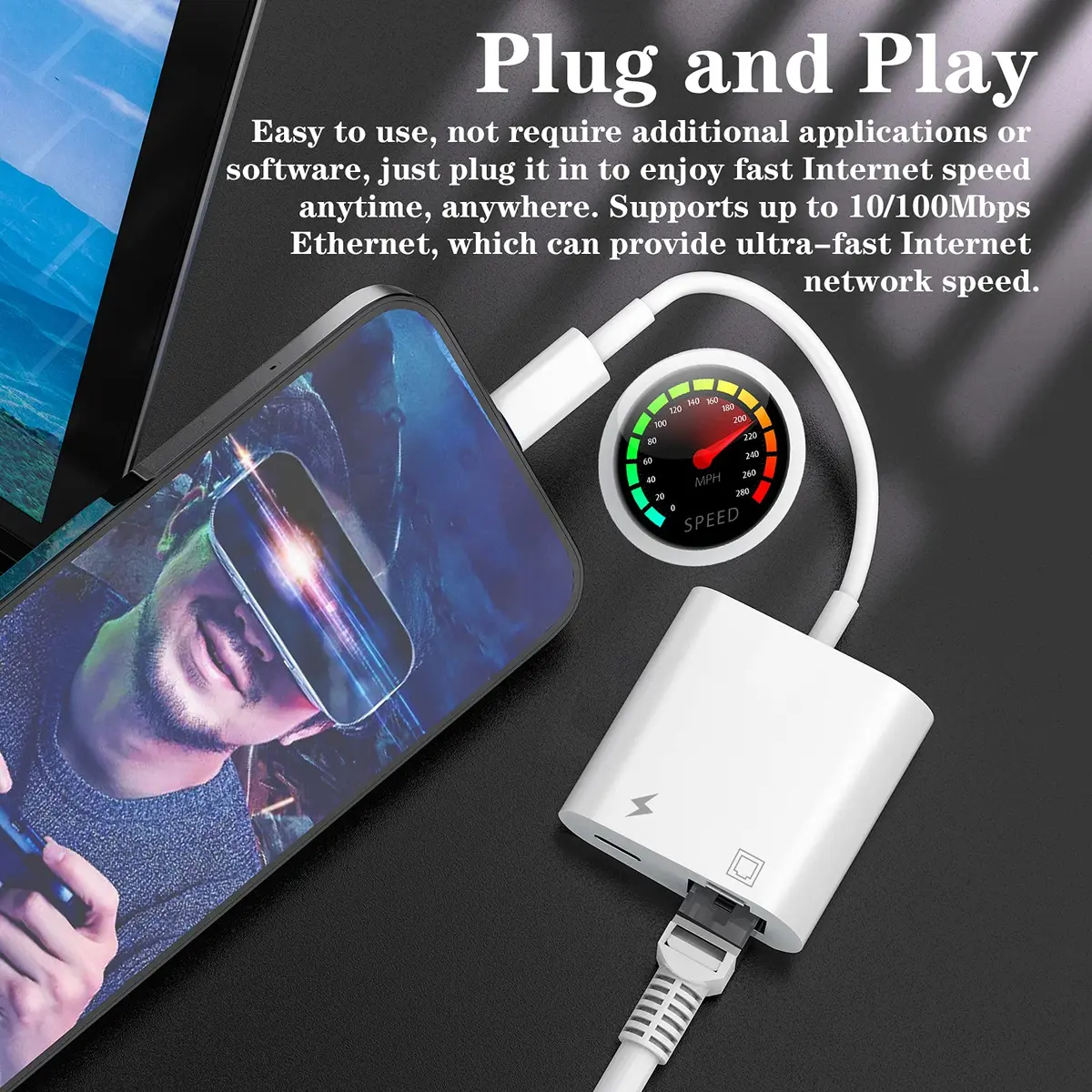 DESOFICON Lightning to Ethernet Adapter 2 in 1 | Fast Ethernet & Charge Port for iPhone/iPad (0.5kg, 9.7in) - view 4