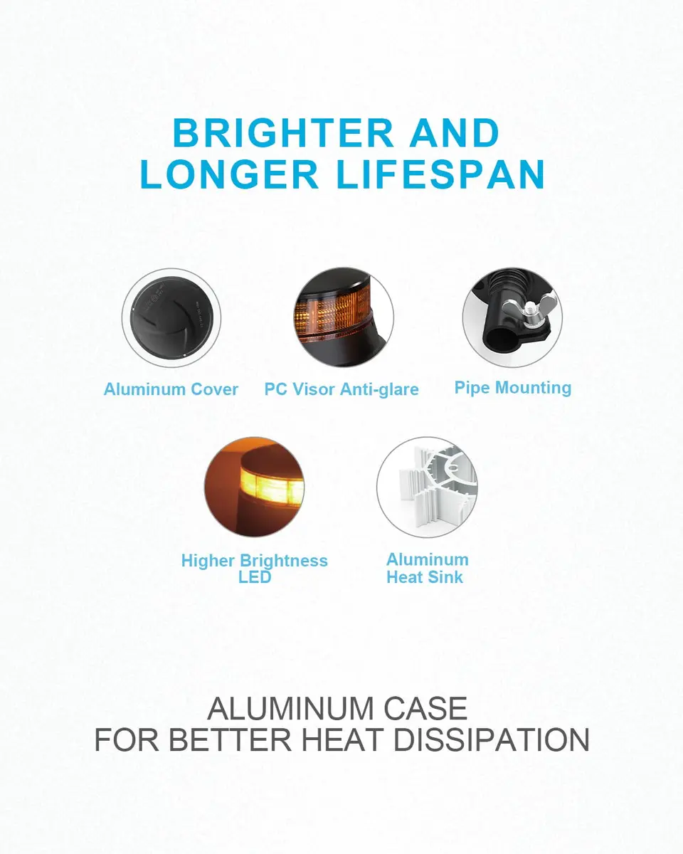 Agrieyes W16P Amber LED Beacon Light with Pipe Mount, 19W 12-24V | SAE J845 Certified Emergency Strobe - view 2