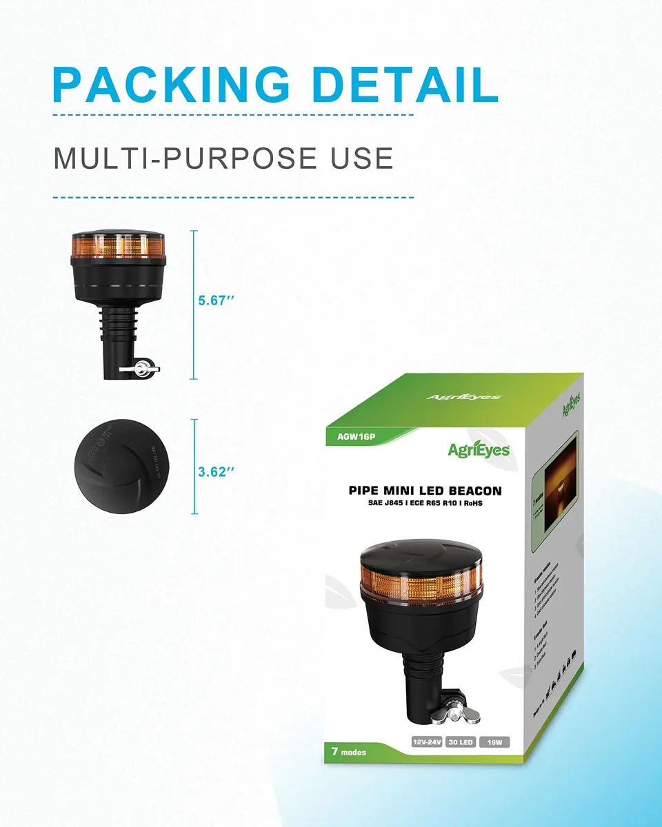 Agrieyes W16P Amber LED Beacon Light with Pipe Mount, 19W 12-24V | SAE J845 Certified Emergency Strobe - view 4