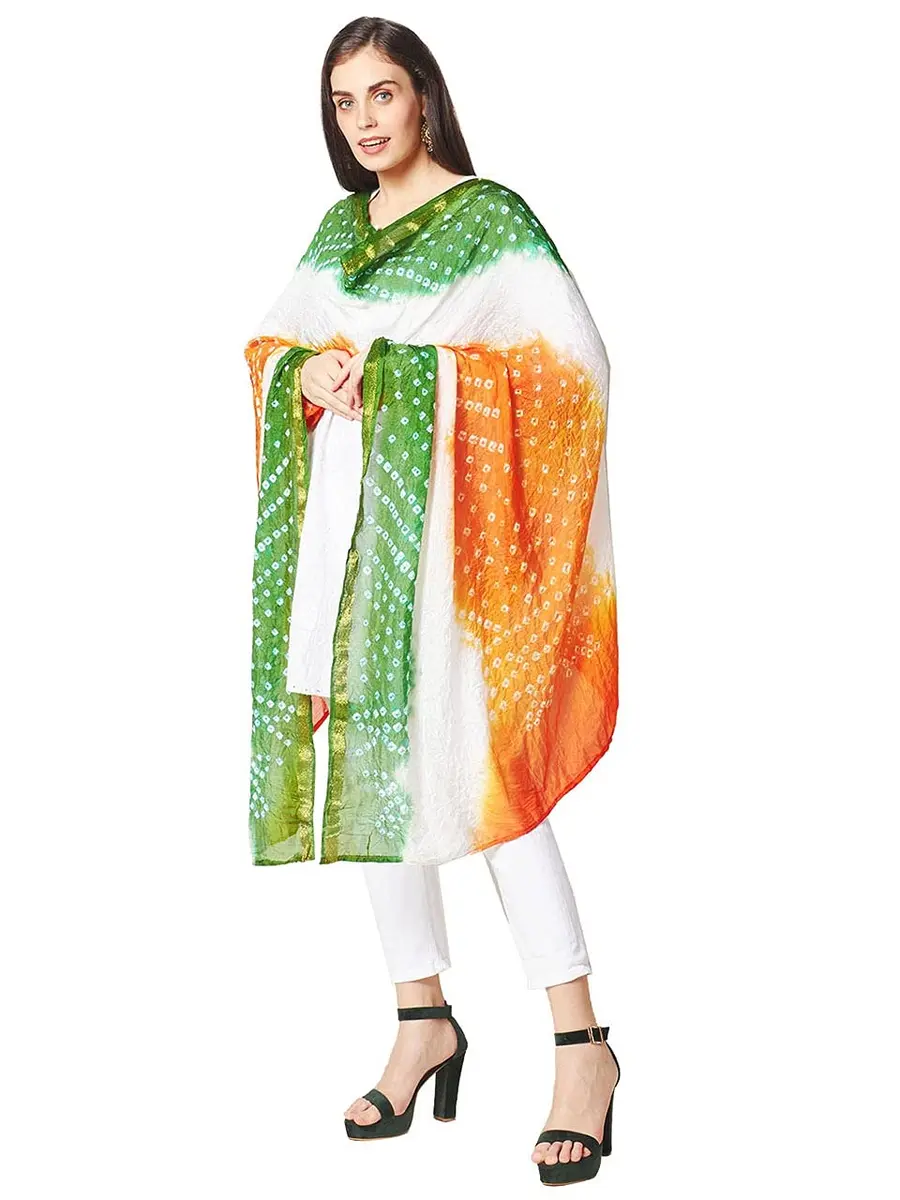 DUPATTA BAZAAR Women's Tiranga Bandhini Silk Dupatta 2.4m (8ft) | Patriotic Tricolour for Independence Day - view 5