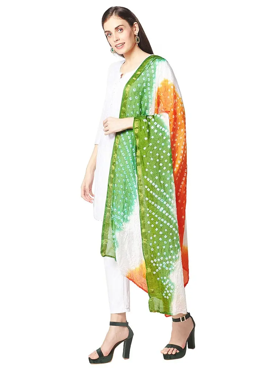 DUPATTA BAZAAR Women's Tiranga Bandhini Silk Dupatta 2.4m (8ft) | Patriotic Tricolour for Independence Day - view 3