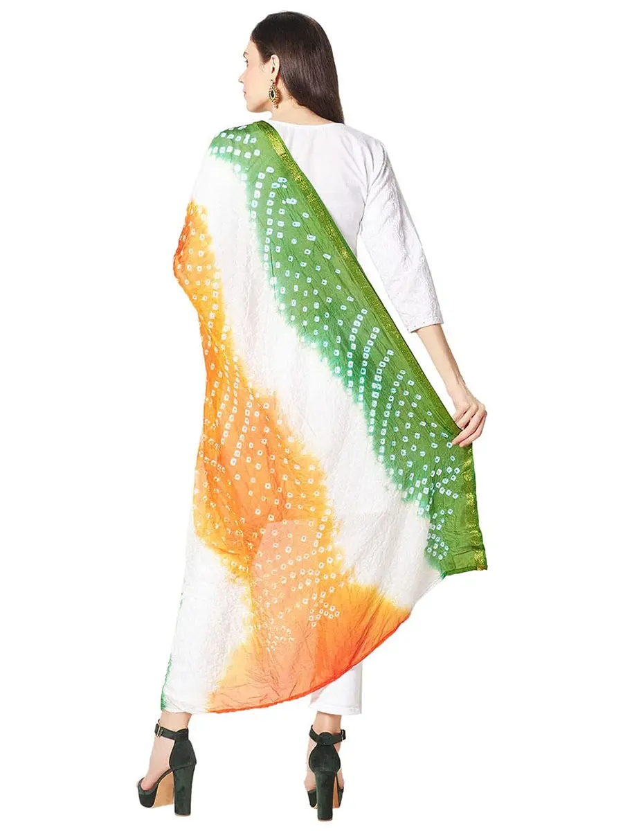 DUPATTA BAZAAR Women's Tiranga Bandhini Silk Dupatta 2.4m (8ft) | Patriotic Tricolour for Independence Day - view 4