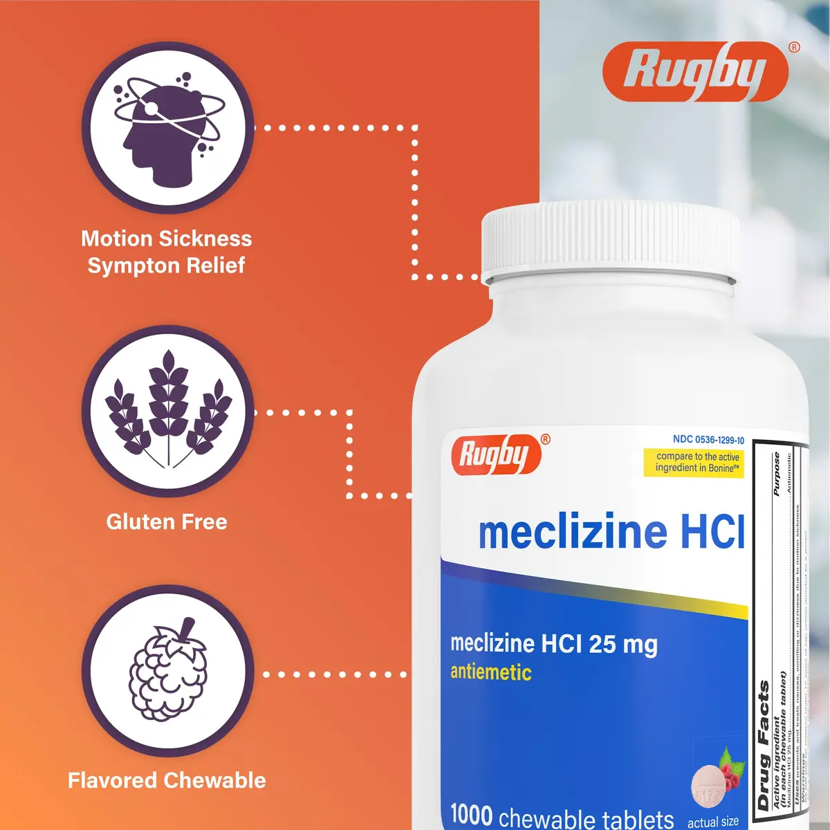 RUGBY LABORATORIES Meclizine HCl 25mg Chewable Tablets 1000 Count | Motion Sickness Relief for Travel - view 5