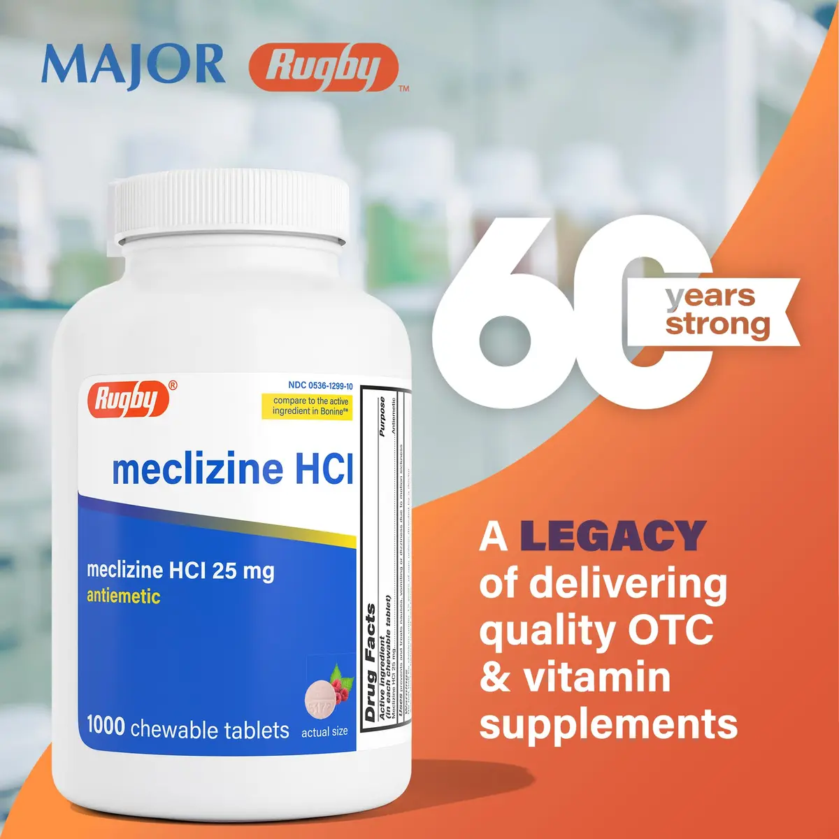 RUGBY LABORATORIES Meclizine HCl 25mg Chewable Tablets 1000 Count | Motion Sickness Relief for Travel - view 2