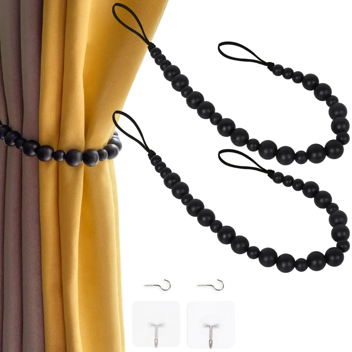 OCIOLI Black Wood Bead Curtain Tieback Set of 2 | Boho Curtain Holdbacks with Metal & Adhesive Hooks (48 cm / 18.9 in) - main product image