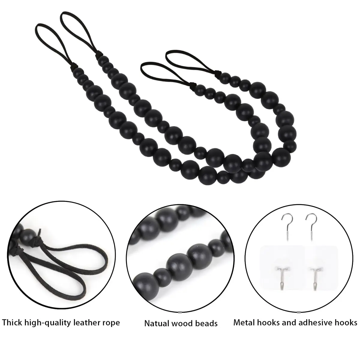 OCIOLI Black Wood Bead Curtain Tieback Set of 2 | Boho Curtain Holdbacks with Metal & Adhesive Hooks (48 cm / 18.9 in) - view 6