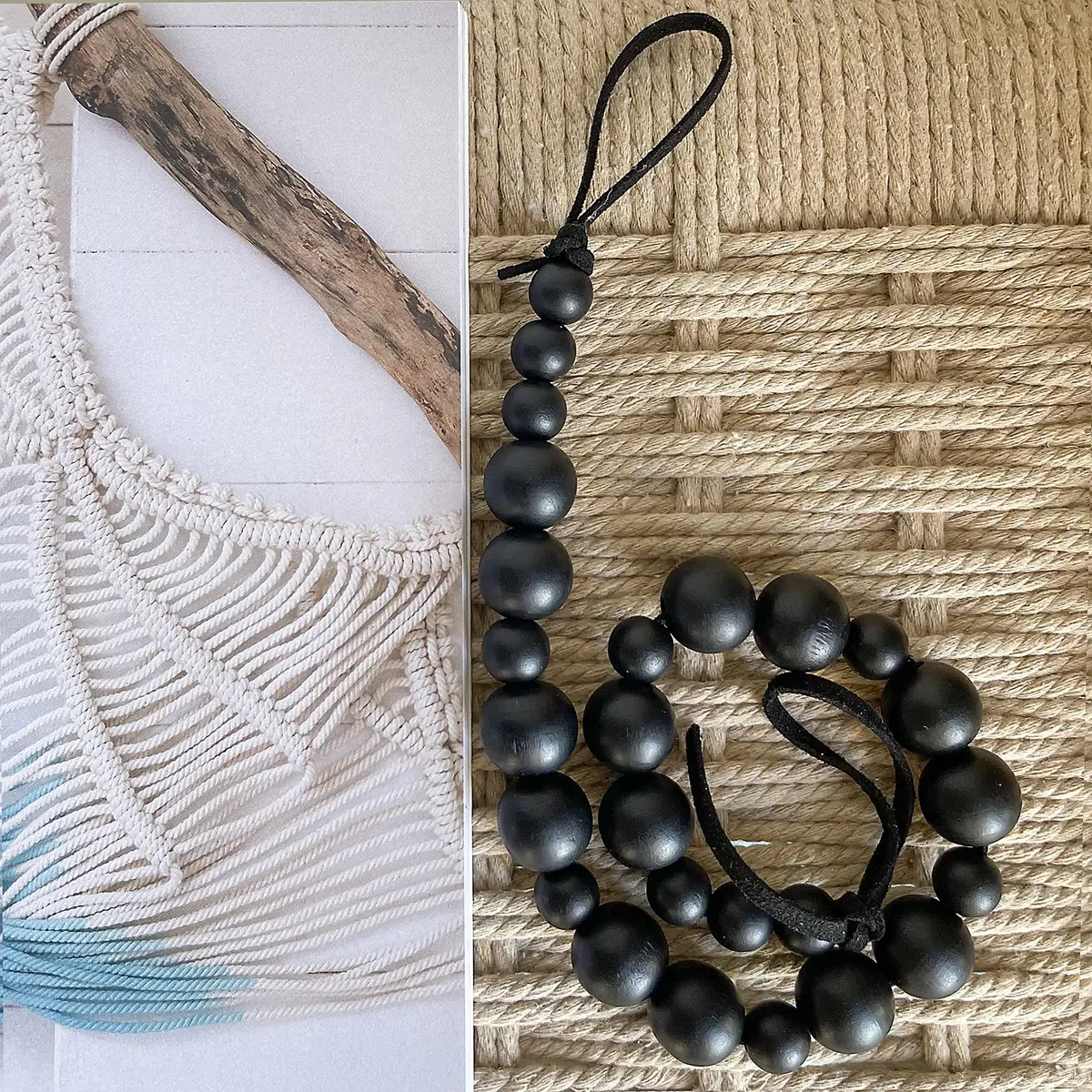 OCIOLI Black Wood Bead Curtain Tieback Set of 2 | Boho Curtain Holdbacks with Metal & Adhesive Hooks (48 cm / 18.9 in) - view 7