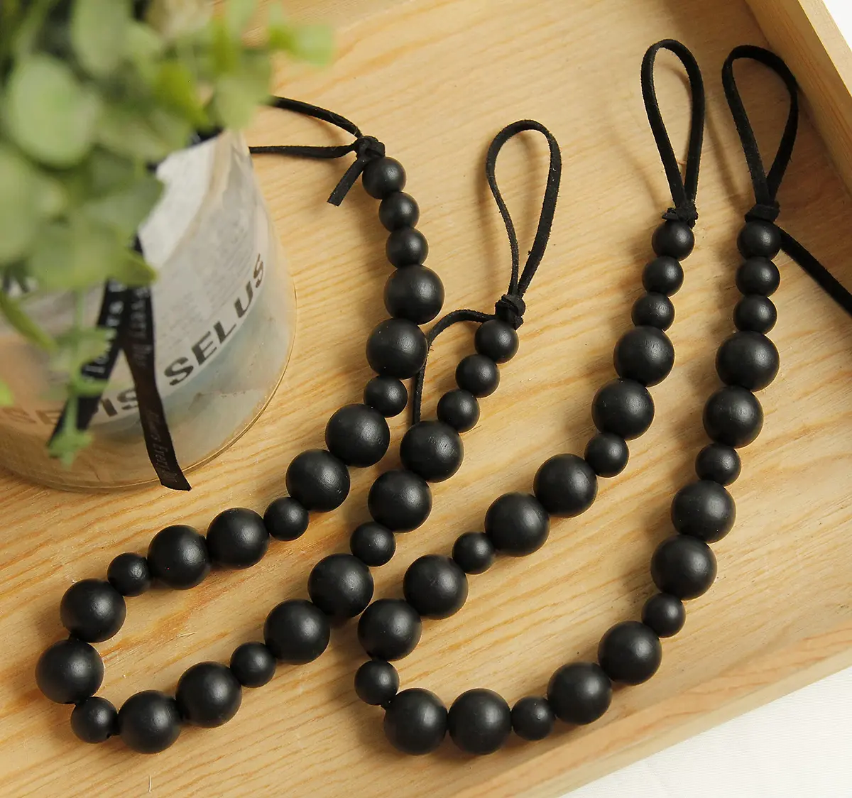 OCIOLI Black Wood Bead Curtain Tieback Set of 2 | Boho Curtain Holdbacks with Metal & Adhesive Hooks (48 cm / 18.9 in) - view 2