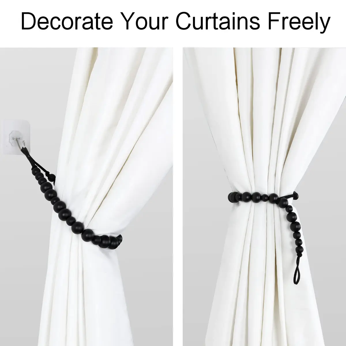 OCIOLI Black Wood Bead Curtain Tieback Set of 2 | Boho Curtain Holdbacks with Metal & Adhesive Hooks (48 cm / 18.9 in) - view 3