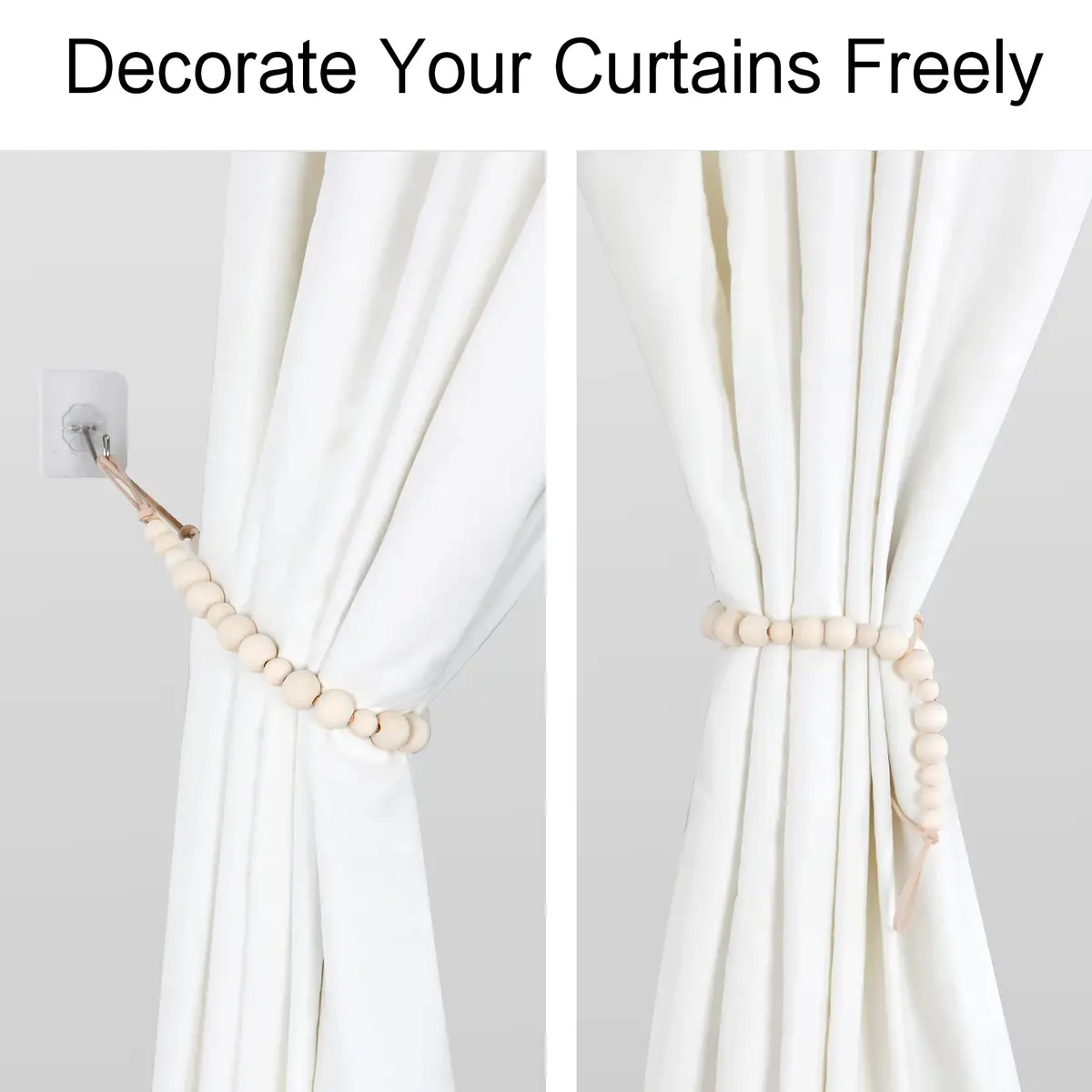 OCIOLI Wood Bead Curtain Tiebacks with Hooks, 18.9" Boho Curtain Holdbacks (2-Pack, Wood Color) - view 4