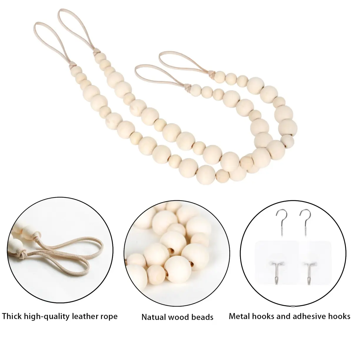 OCIOLI Wood Bead Curtain Tiebacks with Hooks, 18.9" Boho Curtain Holdbacks (2-Pack, Wood Color) - view 5