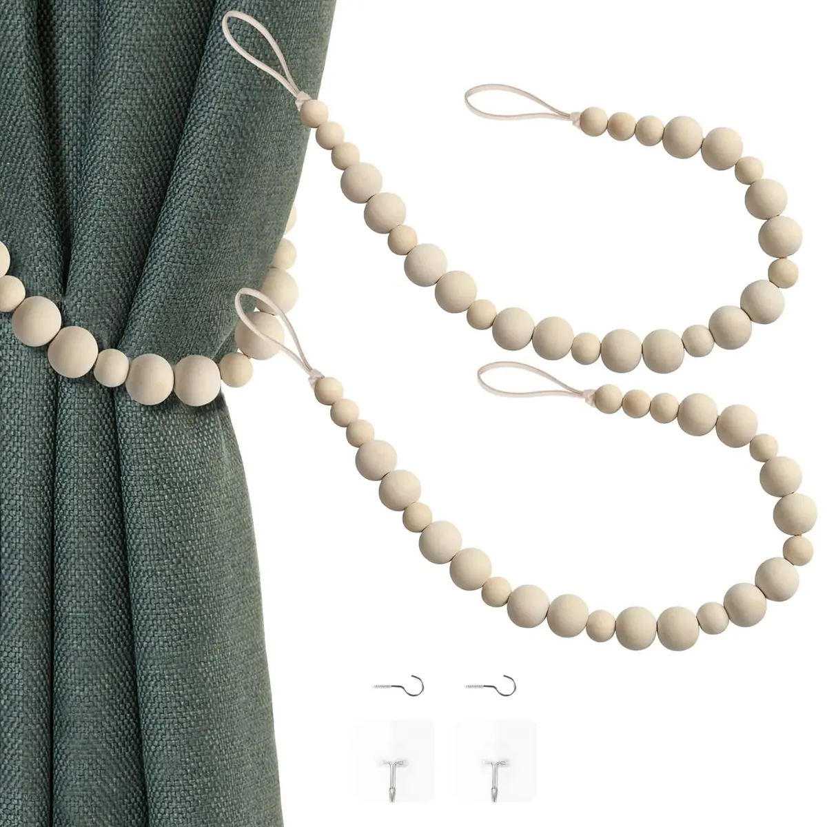OCIOLI Wood Bead Curtain Tiebacks with Hooks, 18.9" Boho Curtain Holdbacks (2-Pack, Wood Color) - main product image