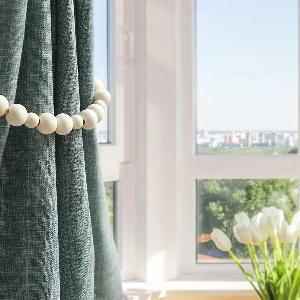 OCIOLI Wood Bead Curtain Tiebacks with Hooks, 18.9" Boho Curtain Holdbacks (2-Pack, Wood Color) - view 7