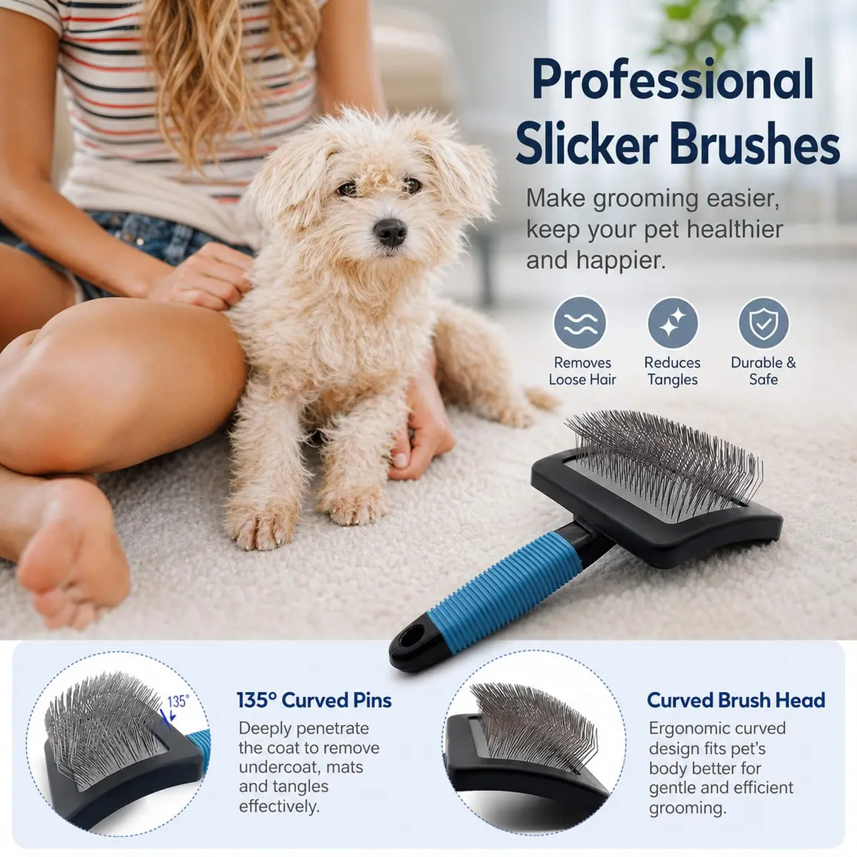 DSKRUI Long Haired Dog Brush with 1-Inch Stainless Steel Pins | Gentle Detangling & Shedding Control - view 5