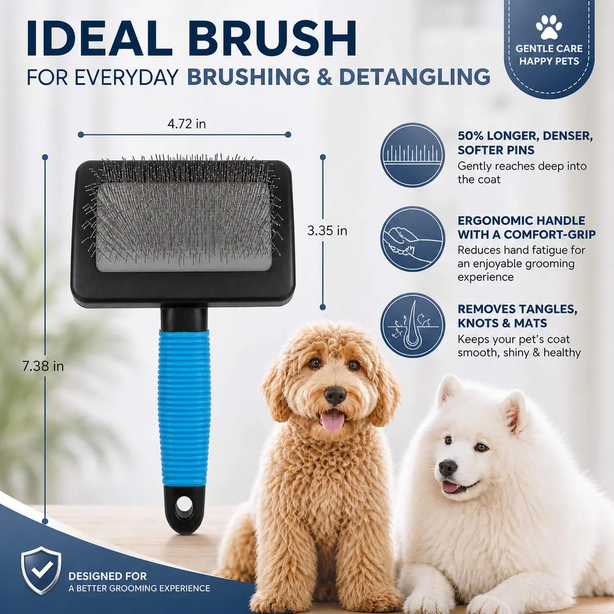DSKRUI Long Haired Dog Brush with 1-Inch Stainless Steel Pins | Gentle Detangling & Shedding Control - view 6