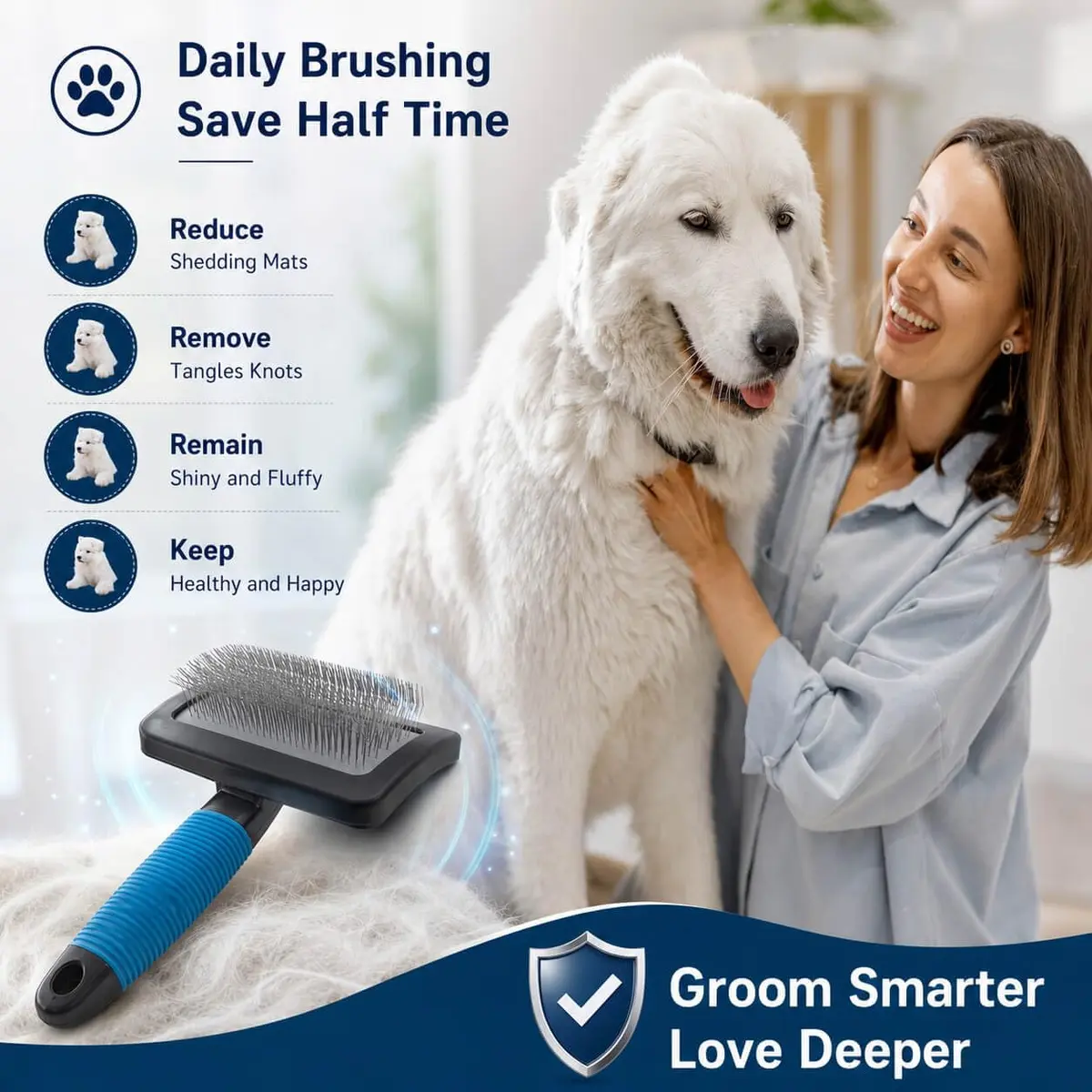 DSKRUI Long Haired Dog Brush with 1-Inch Stainless Steel Pins | Gentle Detangling & Shedding Control - view 2