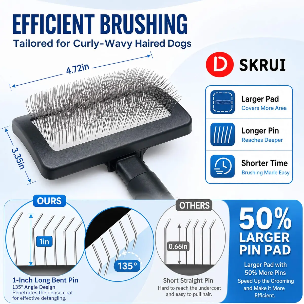 DSKRUI Long Haired Dog Brush with 1-Inch Stainless Steel Pins | Gentle Detangling & Shedding Control - view 3