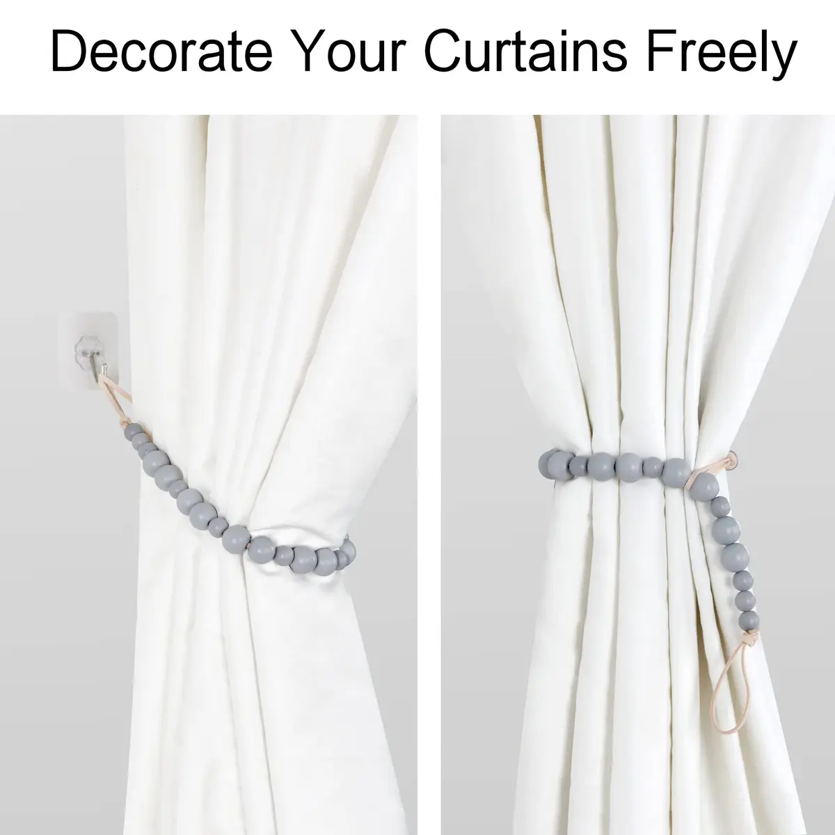 OCIOLI Grey Wood Bead Curtain Tiebacks with Hooks - 2 Pack | Boho Decor for Bedroom & Nursery - view 4