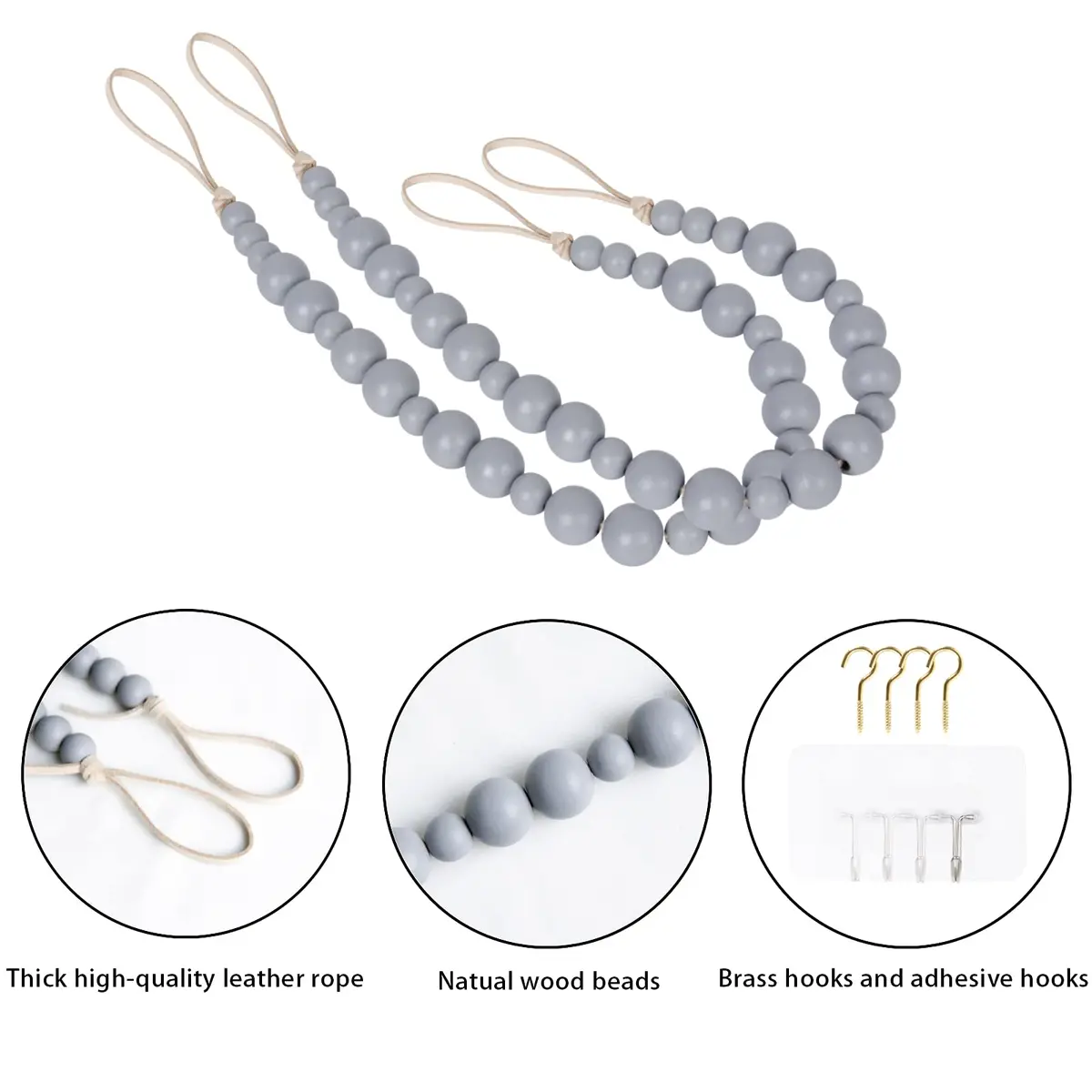 OCIOLI Grey Wood Bead Curtain Tiebacks with Hooks - 2 Pack | Boho Decor for Bedroom & Nursery - view 5
