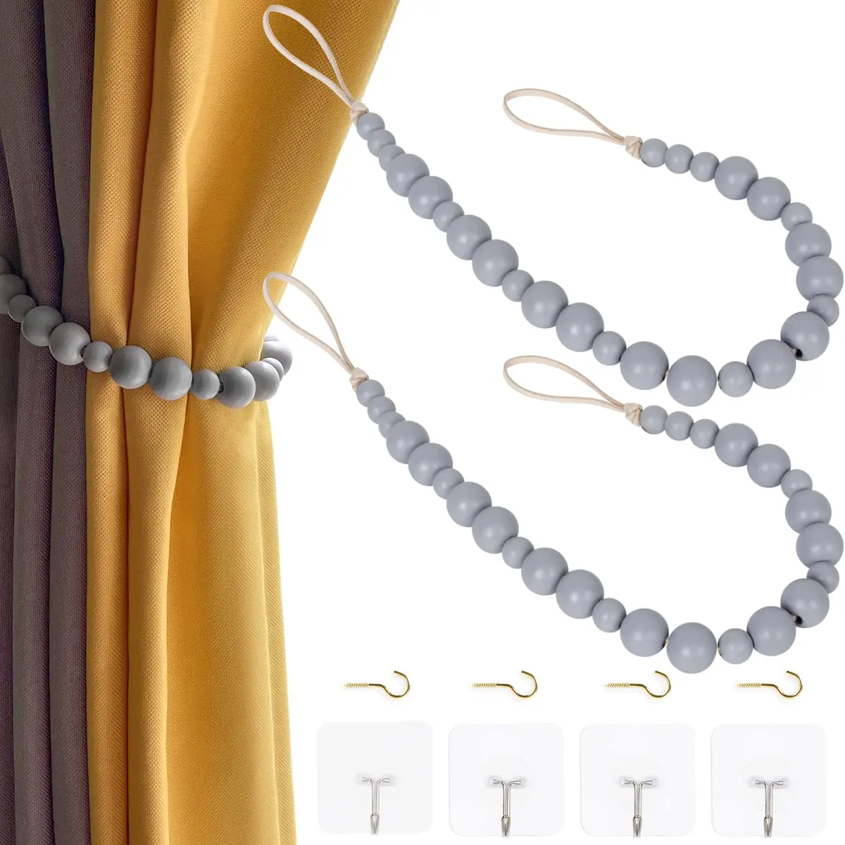 OCIOLI Grey Wood Bead Curtain Tiebacks with Hooks - 2 Pack | Boho Decor for Bedroom & Nursery - main product image