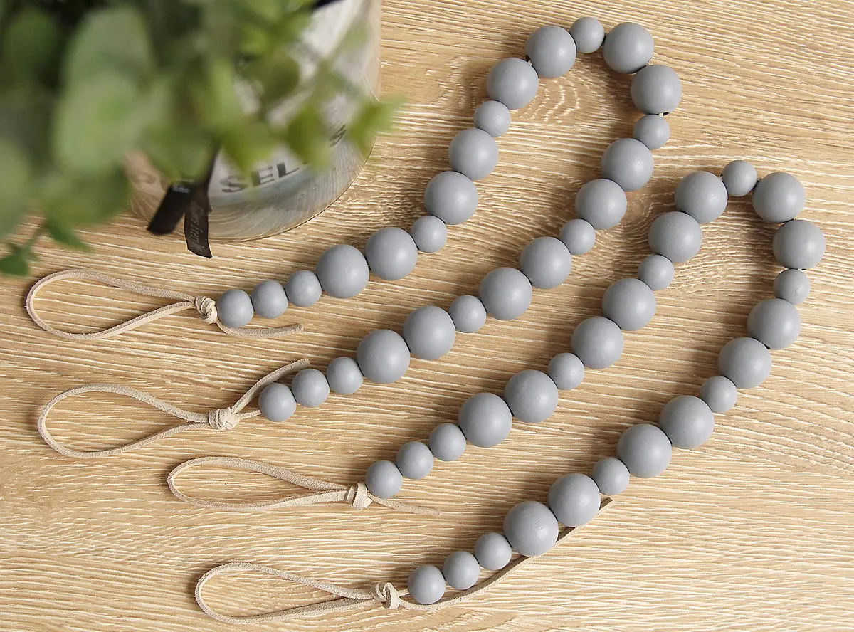 OCIOLI Grey Wood Bead Curtain Tiebacks with Hooks - 2 Pack | Boho Decor for Bedroom & Nursery - view 2
