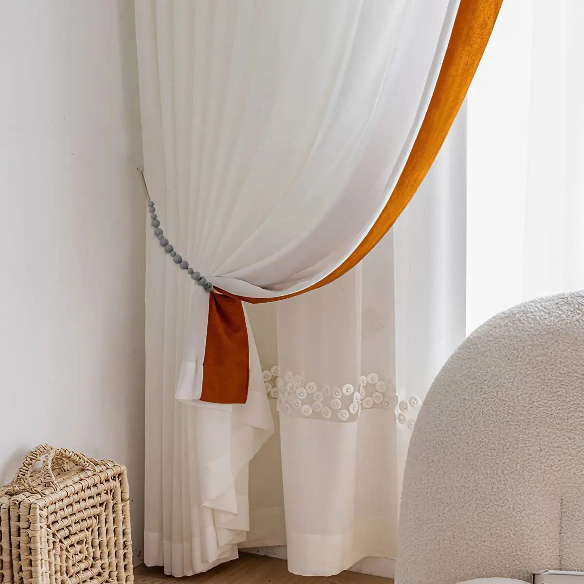 OCIOLI Grey Wood Bead Curtain Tiebacks with Hooks - 2 Pack | Boho Decor for Bedroom & Nursery - view 3